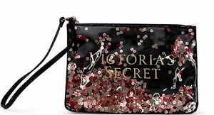 Victoria's Secret Wristlet Pouch Black Sequin Floating Logo Glam Makeup Bag thumbnail 1