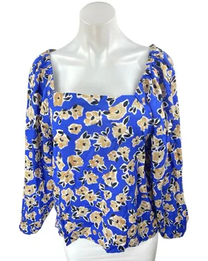 Ann Taylor Women's Blue Floral Long Puff Sleeve Square Neck Blouse Top Size L thumbnail 1