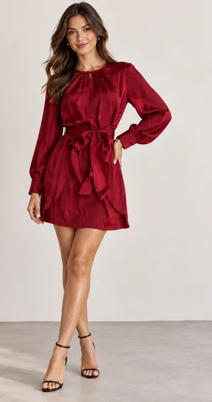 NWOT Red Satin Long Sleeve Tie Waist Mini Dress Size Small thumbnail 1