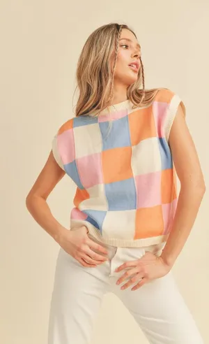 &merci Womens Multi Colored Checkered‎ Ivory Sweater Vest Preppy Large thumbnail 1