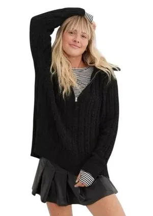 Aerie Cable Car Quarter Zip Sweater Chunky Knit Black W1674 Sz M thumbnail 1