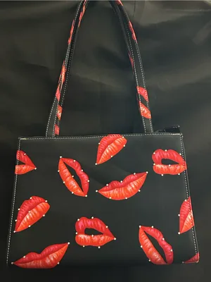Black Molded Tote Shoulder Hand Bag with Red Lip & Rhinestone Print thumbnail 1