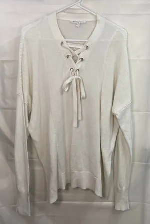 BCBGeneration women's white cream laced neck long sleeve knit sweater stretch‎ M thumbnail 1