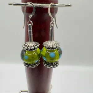 Lampwork Green Polka Dot Glass Dangle Earrings Silver Tone thumbnail 7