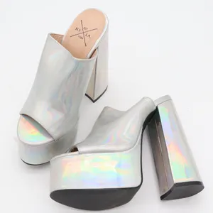 NYLA Silver Holographic Platform Mules Chunky Block Heel Open Toe Size 7 thumbnail 1