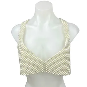 Pearl Chain Beaded Women's White V Neck Sleeveless Cami Crop Top Size S / M thumbnail 6
