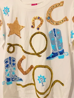 NEW Queen of Sparkles Cowgirl Icon Tee Sequin Blue White Size Small * thumbnail 3