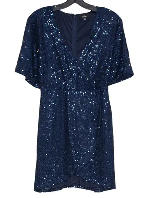 Lulus Dress Faux Wrap Sequin Hoco Party Cocktail Glam Going Out Mini Navy Small thumbnail 1