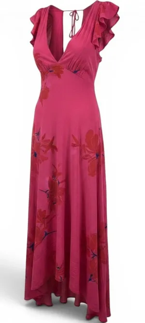 Free People‎ Maxi Dress Womens 6 Pink Extratropical Floral Ruffle Boho High Low thumbnail 1