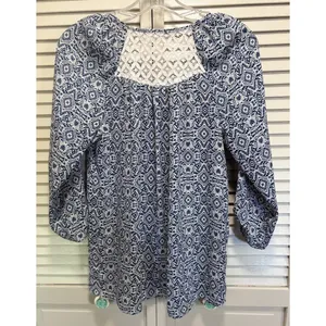 Rewind Floral Roll Tab Sleeve Chiffon Blouse Crochet Tie Neck‎ Size M Blue/White thumbnail 5