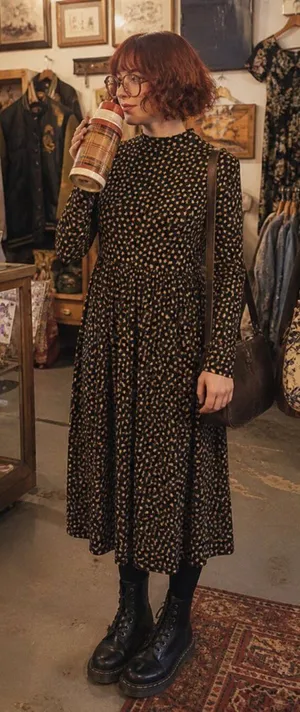 Black Yellow Mock Neck Long Sleeve Maxi Star Print‎ Dress Quirky Dopamine sz Med thumbnail 1