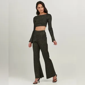 Charlie Holiday Kiara Black Lurex Rib Knit Sweater Long Sleeve Crop Top thumbnail 3