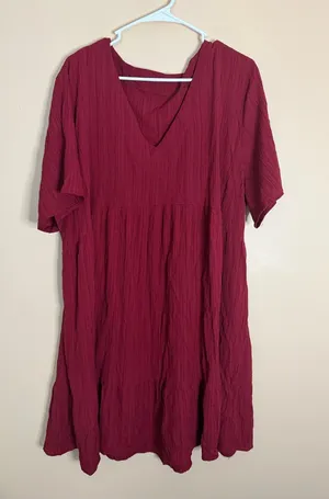 Women's V-Neck Short Sleeve Tunic Dress - Deep Wine thumbnail 1