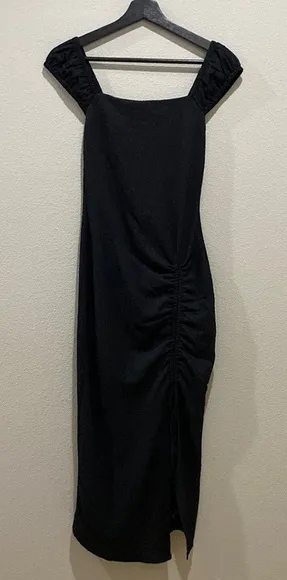 Stitch & Pine Black Cap Sleeve Side Ruching Midi Dress Size XS thumbnail 1