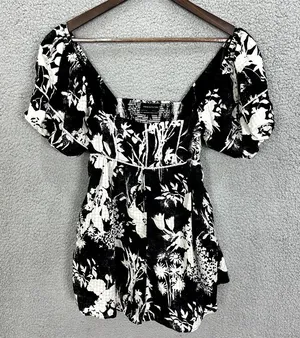 Urban‎ Outfitters Milkmaid Mini Dress Small Black Floral Smocked Boho Resort thumbnail 1