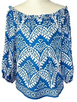 Flying Tomato Off Shoulder Artisan Boho Blouse Top Blue and White Medium thumbnail 1