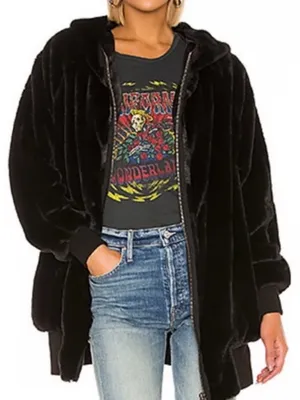 Free People Black Faux Fur Hooded Zip Jacket thumbnail 3