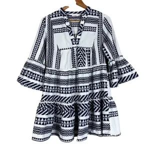 Mi Ami White Blue 100% Cotton Textured 3/4 Sleeve Tiered Mini Dress thumbnail 2
