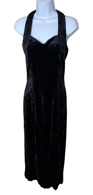 All That Jazz Vintage 90s Black‎ Crushed Velvet Halter Maxi Dress Side Slit Med thumbnail 1