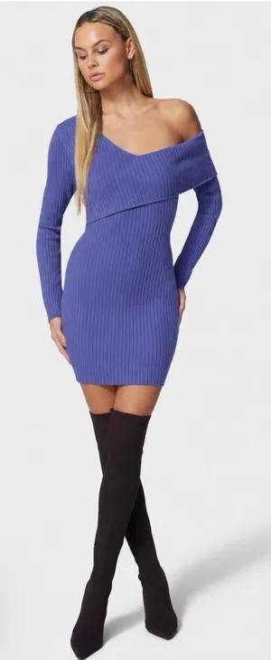 bebe Off-Shoulder Ribbed Mini Dress in Periwinkle thumbnail 1