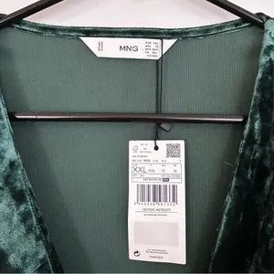 NWT Mango Green Crushed Velvet V-neck Ruched Long Sleeve Mini Dress Size XXL thumbnail 6