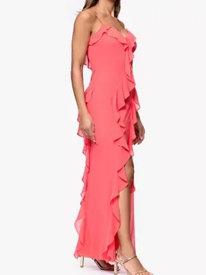 XSCAPE Ruffle Sweetheart Maxi Dress Coral Pink Petite 8 HOCO Prom Formal NWT thumbnail 12