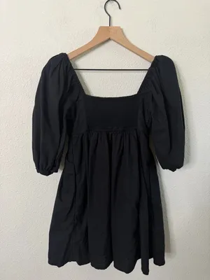 Abercrombie & Fitch Emerson Puff Sleeve Mini Dress Black Linen Womens Size XS‎ thumbnail 5