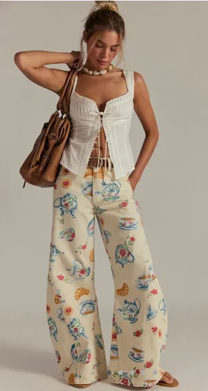 We The Free Eden Printed High Flare Jeans playful brunch teapot rare casual nwt thumbnail 1