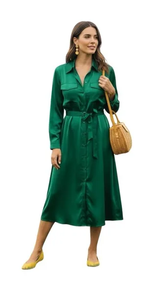 Lucky Brand Jewel Green Satin Shirt Dress XL Utility Long Sleeve Midi Pockets thumbnail 1