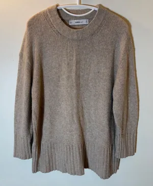 Zara Knit Crewneck Sweater Size Small Oatmeal Beige Ribbed Pullover thumbnail 1