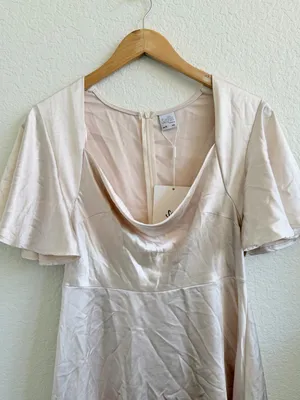 Selfie Leslie Champagne White Short Sleeve Mini Dress Asymmetrical Cowl Neck L thumbnail 3
