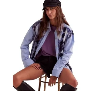 Free People Patchwork Argyle Plaid Oversized Blue Combo Chambray Shirt Small New thumbnail 2