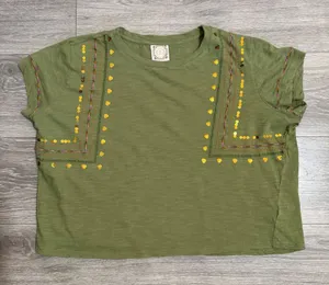 100% Cotton Women‎ Tee Size L Olive Green Embroidered Sequin Slub Crop Bohemian thumbnail 1