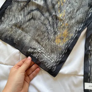 Vintage Jones New York Scarf Grey Gold Metallic Abstract Sheer 100% Silk Luxury thumbnail 2