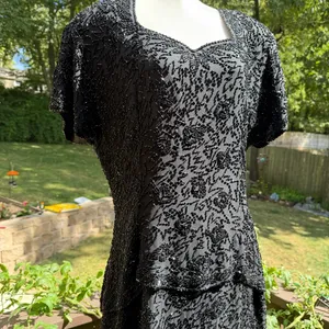 VTG 90s Black Tie Black 100% Silk Sequin Beaded Dress size 14 Shoulder Pad thumbnail 2