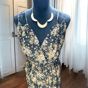 Rebecca B. Floral Maxi Dress‎ Women's Size 10 Black Tan Boho Sleeveless Wrap thumbnail 3