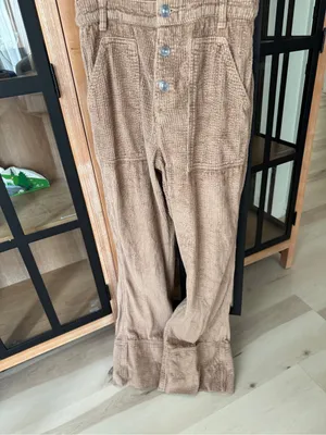 Aerie Corduroy Kick Flare Overalls jumpsuit khaki wide leg cappuccino buttons thumbnail 10