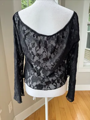 Vintage Black Floral Lace Off-Shoulder Flare Sleeve Blouse Fits Small to Medium thumbnail 3