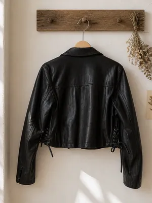 Women's Black/Brown Faux Leather Cropped Jacket with Lace-Up Sided thumbnail 4