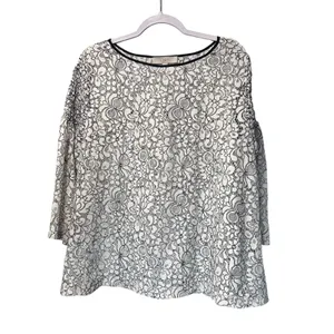 Loft Top Lace Mesh Boho Goth Formal Black White Floral Smocked Wide Sleeve SZ XL thumbnail 2