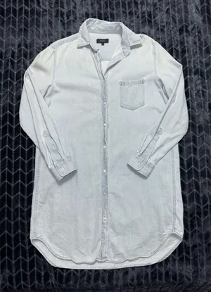 Quince Women's Chambray Shirt Dress Blue Cotton Button Up Mini Tunic Denim Sz S thumbnail 1