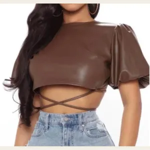 Faux Leather Brown Puff Sleeve Crop Top, NWT thumbnail 1