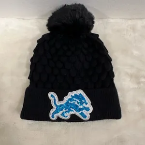 National Football League Detroit lions Black Knit Beanie with Blue Sequin Lion logo! thumbnail 4