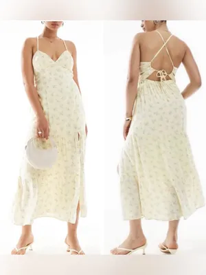Hollister Pale Yellow Blue Floral Print Adjustable Strap Open Back Slip Dress XS thumbnail 2