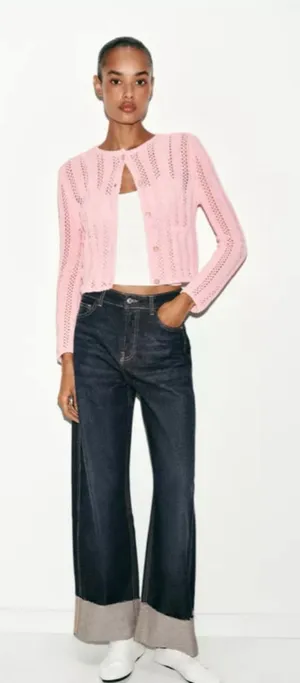Zara Pointelle Pink Open Knit Cardigan M thumbnail 1