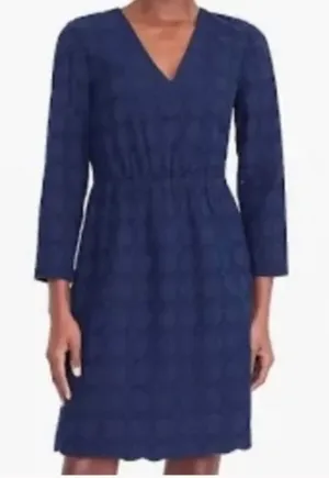 J Crew Navy Blue‎ Cotton Eyelet Dress V Neck 3/4 Sleeve Scalloped Hem Women's 14 thumbnail 1
