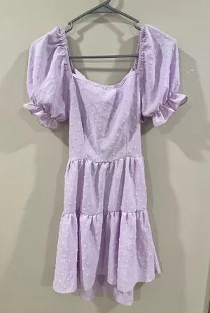 SHEIN Lilac Purple Swiss Dot Tie-Back Puff Sleeve Mini Dress Size XS thumbnail 1