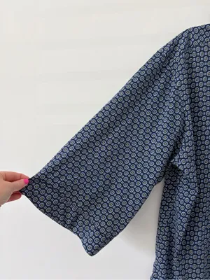 Petite Plume Navy Yellow Pima Cotton Button Down Wide Sleeve Pajama Top L thumbnail 2