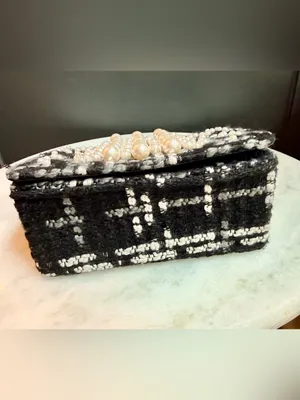 Chico's Pearl Embellished Tweed Crossbody Bag Black White Evening Clutch thumbnail 5
