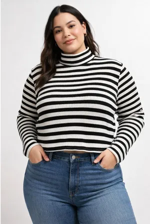 Aerie Black White Stripe Textured Waffle Knit Long Sleeve Mock Neck XL thumbnail 1